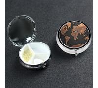 Rust World Map Pill Box 3 Compartment Waterproof Pill Container with Mirror Metal Medicine Box Organizer Portable Vitamin Case for Pocket & Purse Travel - Round