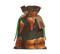 Rust World Map Print Christmas Gift Bag, Drawstring Christmas Bags Reusable Gift Bags With Name Tags