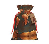 Rust World Map Print Christmas Gift Bag, Drawstring Christmas Bags Reusable Gift Bags With Name Tags