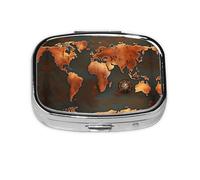 Rust World Map Print Square Pill Box,Portable for Pocket Or Purse Pill Organizer Pill Container Holder