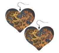 Rust World Map Prints Leather Heart earrings Pendant Stylish and light Lightweight Dangle for Women Girls, One Size, Leather, No Gemstone