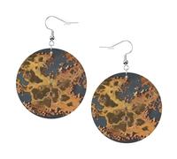 Rust World Map Prints Leather Round Earrings Pendant Stylish And Light Lightweight Dangle For Women Girls, One Size, Leather, No Gemstone