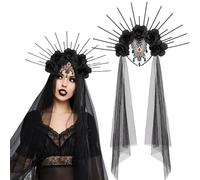 RUSTAMM Halloween Flower Headband Headdress Crown Black Rose Veil Gothic Hair Hoop Cosplay Devil Headband Party Accessory for Women Costume