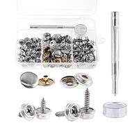 Rustark 120 Pcs Sliver Fastener Screw Snaps Boat Canvas Cover Snap Button Cap Marine Grade 3/8" Socket with Stainless Steel Screw with Snap Setting Tool Kit for Furniture Canvas Fabric Boats