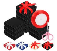 Rustark 12Pcs 9x9x3cm / 3.5x3.5x1 Inch Black Cardboard Jewelry Gift Boxes with Stain Ribbon and Scissor, Small Gift Box with Lid for Necklaces, Rings, Bracelets, Earrings, Pendant, Jewelry