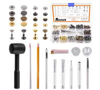 Rustark 160 Sets 12.5mm Leather Snap Fasteners and 8x8mm Double Cap Rivets Kit with Hammer 12Pcs Setting Tools, 4 Colors Metal Snap Button Press Stud Leather Rivets Clothing Snap for Leather DIY Craft