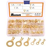 Rustark 260 Pcs Open Barrel Wire Crimp, M3 M4 M5 M6 M8 M10 Non-Insulated Copper Ring Lugs Cable Terminal Assortment Set, O-Type Copper Terminal Connector Kit (Gold)