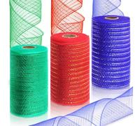 Rustark 3 Rolls Each 6 Inch x 10 Yards Deco Mesh Ribbon with Metallic Foil Red Blue Green Poly Mesh Ribbon for Wreath Christmas Tree Decoration Gift Wrap DIY Craft (15cm x 1.5m/Roll)