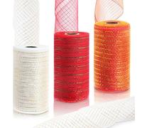 Rustark 3 Rolls Each 6 Inch x 10 Yards Deco Mesh Ribbon with Metallic Foil Red Green White Poly Mesh Ribbon for Wreath Christmas Tree Decoration Gift Wrap DIY Craft (15cm x 1.5m/Roll)
