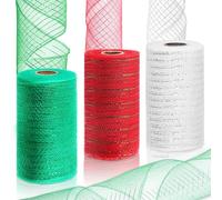 Rustark 3 Rolls Each 6 Inch x 10 Yards Deco Mesh Ribbon with Metallic Foil Red Sliver Green Poly Mesh Ribbon for Wreath Christmas Tree Decoration Gift Wrap DIY Craft (15cm x 1.5m/Roll)