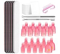 Rustark 30Pcs Gel Nail Remover Tools Kit Includes Pink Nail Remover Clips for Hands and Toes, Nail Cuticle Pusher, Scraper, Cotton Pads, Files, Buffer Block, Brush