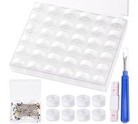 Rustark 36Pcs White Bobbins Sewing Threads Kit 60WT Size A Prewound Bobbins with Case, Sewing Pins, Measuring Tape and Sewing Seam Ripper, Polyester Thread for Hand Sewing Machine Use DIY Embroidery
