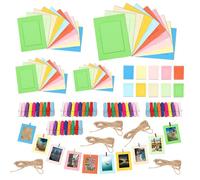 Rustark 50Pcs 5 Sizes 10 Colors Paper Picture Frames Kit with 50Pcs Colorful Wooden Clips and 5Pcs Strings, Cardboard Picture Frames Paper Photo Frames Hanging Display for Wall Decor