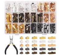 Rustark 701Pcs 5 Colors Ribbon Clamp Ends for Jewelry Making with Pliers Tool Assortment Kit Bracelet Leather Bookmark Pinch Crimp Ends with Loop