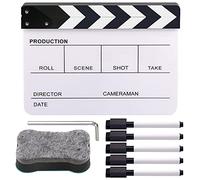 Rustark Movie Film Clap Board, Acrylic Black & White Hollywood Clapper Board Wooden Film Movie Clapboard, Photography Studio Video TV Cut Action Scene Clapper Board with 5 Pcs Erasable Pen