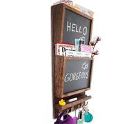 Rustic 2-Slot Mail Sorter Organizer for Wall with Chalkboard Surface & 3 Double Key Hooks - Wooden Wall Mount Mail Holder Organizer - Wall Décor for Entryway made of Paulownia Wood - Rustic Brown