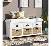 Rustic Acacia Wood Storage Bench with 3 Drawers & Rattan Baskets Stylish Entryway Shoe Bench for Living Room 42.1" L x 15.4" W x 18.7" H White Finish