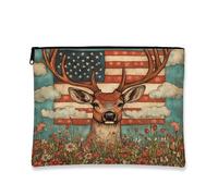 Rustic American Flag Deer Makeup Bag, Vintage Woodland Cosmetic Travel Bags for Women, Portable Small Canvas Zipper Pouch, Spring Festival Gift Skincare Toiletry Bag Organizer, brown, 7x9 Inch, Deer