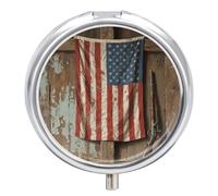 Rustic American Flag Pill Box 3 Compartment Round Metal Pill Organizer Portable Mini Travel Medicine Case with Mirror Cute Medicine Container Holder for Pocket Purse