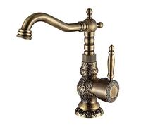 Rustic Antique Copper Kitchen Faucet 360° Rotatable Hot & Cold Water Tap Solid Brass Lavatory Mixer for Bathroom Washbasin Carved Design Easy Installation