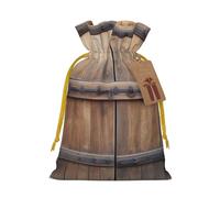 Rustic Antique Wooden Door Printed Christmas Drawstring Bags Reusable Xmas Bag for Party Xmas Gift Wrapping, Yellow Ribbon, M