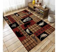 Rustic Area Rug,60x90cm, Brown Plaid With Bear, Paw Prints & Nature Elements, Cabin Style Indoor Carpet for Cozy Home Decor,Washable Reduce Noise Soft Anti-Skid Carpet for Hardwood Floors Entryway