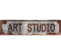 Rustic Art Studio Metal Tin Sign 4x16 In Vintage Round Wall Decor with Blue & Red for Office Bar Cafe Garage Bathroom Bedroom Decor