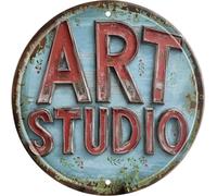 Rustic Art Studio Metal Tin Sign 8x8 In Vintage Round Wall Decor with Blue & Red for Office Bar Cafe Garage Bathroom Bedroom Decor