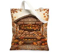 Rustic Autumn Bakery Harvest Scene Stand Canvas Tote Bag 13x15 Inch | Maple Leaves, Harvest Pumpkins, Rustic Bakery Stall, Warm Seasonal Atmosphere, Farmers Market Aesthetic
