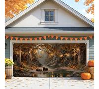 Rustic Autumn Garage Door Cover, Orange Bear Forest Large Garage Door Decorations, Fall Indoor and Outdoor Party Background Decor 157x71 Inch