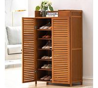 Rustic Bamboo Shoe Cabinet with Doors & DrawerStylish Entryway Shoe Storage Rack for Hallway Bedroom ClosetFarmhouse Shoe Organizer for Home Décor