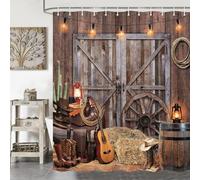 Rustic Barn Door Shower Curtain Set, Western Cowboy Shower Curtains, Farmhouse Country Cactus Shower Curtains for Bathroom, Farm Wooden Vintage Fabric Bathtub Decor Accessories with Hooks, 54X70IN
