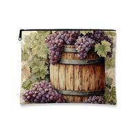 Rustic Barrel Makeup Cosmetic Travel Bag with Grapes Pattern, Portable Small Canvas Zipper Pouch, Autumn Season Gift Skincare Toiletry Bag Organizer, Violet, 7x9 Inch, Grapes