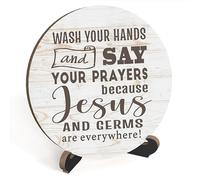 Rustic Bathroom Decor - Funny Round Sign With Stand, 'Wash Your Hands And Say Your Prayers' for Shelf, Farmhouse Quote for Toilet, Restroom Home Decor Gifts, A21