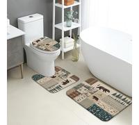 Rustic Bathroom Mat Sets 3 Piece, Beige Bears and Trees Absorbent Non Slip Toilet Rugs U Shaped Washable, Nature Inspired Quick Dry Flannel Bathroom Rug Set