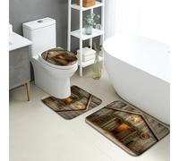 Rustic Bathroom Mat Sets 3 Piece, Country House Star Pattern Absorbent Non Slip Toilet Rugs U Shaped Washable, Autumn Decor Quick Dry Flannel Bathroom Rug Set