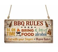 Rustic BBQ Rules Metal Sign - Funny Barbecue Wall Decor for Patio, Garden, Grill Area or Man Cave - Vintage Style BBQ Sign with “Be on Time, Bring Food cpt39