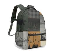 Rustic Bear Deer Forest Silhouette All Over Print Backpack 16 Inch Nature Outdoor Adventure Vintage Crossed Arrows Design (03)