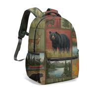 Rustic Bear Deer Forest Silhouette All Over Print Backpack 16 Inch Nature Outdoor Adventure Vintage Crossed Arrows Design (08)