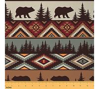 Rustic Bear Fabric by The Yard,Western Aztec Upholstery Decorative Fabric,Farmhouse Hunting Animal Indoor Outdoor Fabric,Woodland Trees DIY Waterproof Fabric,Beigh Black,1 Yard