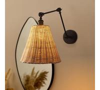 Rustic Bedside Wall Sconce, Black Swing Arm Wall Lamp, Rattan Wall Light with Adjustable Wicker Weaving Shade, Boho Art Wall Lantern for Home Decor E27