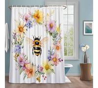 Rustic Bee Wreath Shower Curtain with 12 Hooks Spring Pink Yellow Floral Flower Farm Watercolor Waterproof Fabric Shower Curtains Sets for Bathroom Bath Decorations, Machine Washable, 48"x72"