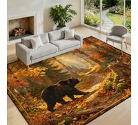 Rustic Black Bear Rugs Living Room Fall Forest Cabin Rug 100x150cm | Autumn Woods Black Bear Rug Machine Washable Nature Wildlife Maple Leaves Pine Cone Rug for Farmhouse