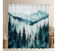 Rustic Blue Mountain Window Curtains Misty Forest Nature Window Drapes,Alpine Landscape Natural Window Treatments,Kids Boys Girls Room Decor,Grommet Top 2 Panel Set Bedroom Curtains, 66Wx90L inch