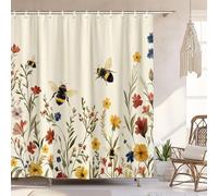 Rustic Boho Floral Bee Shower Curtain, Vintage Chic Bee Botanical Floral Farmhouse Cottagecore Aesthetic Shower Curtain Set with Hook, Nature Garden Plant Shower Curtain for Bathroom 60X72 Beige