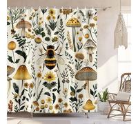Rustic Boho Mushroom Shower Curtain, Vintage Chic Bee Mushroom Botanical Floral Farmhouse Cottagecore Aesthetic Shower Curtain Set with Hook, Fairy Witchy Plant Shower Curtain for Bathroom 72X84 Beige
