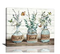 Rustic Botanical Bathroom Wall Art - Eucalyptus Butterfly Painting Prints, Framed Artwork Decor 16"x20"