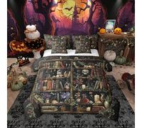 Rustic Botanical Flowers 7 Pieces Bedding Set King Bed in a Bag,Vintage Halloween Bookcase Magic Book Comforter Set,Gothic Skull Vase Country Decor Soft Warm Microfiber Bedding