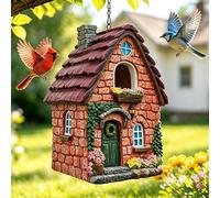 Rustic Brick Cottage Bird House, Handcrafted Resin Hanging Birdhouse with Ivy & Flower Accents, Waterproof Outdoor Nest Box for Wild Birds, Vintage Garden Yard Art Decor
