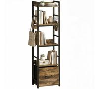 Rustic Brown 4-Tier Bookshelf, Narrow Bookcase With Drawer, 8 Hooks